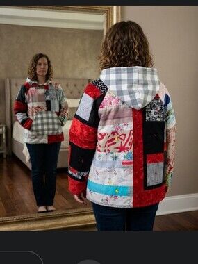 Upcycled Patch Quilt Blanket Hoodie M-L Handmade Dont Throw It Out